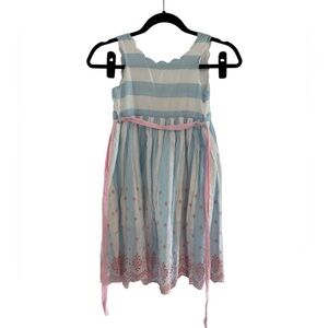 Cotton Kids Blue Pink Striped Eyelet Dress, Size 6X